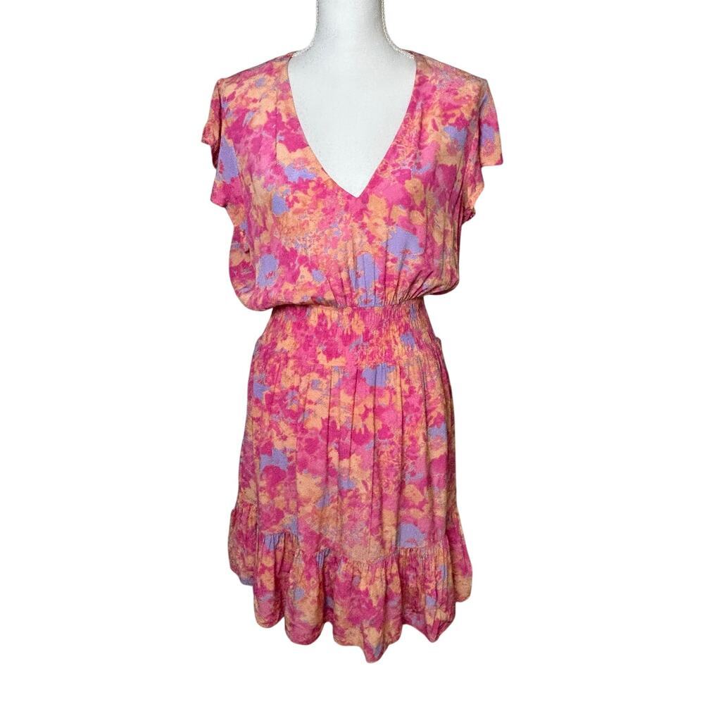 Rails Tara passion flower pink v-neck smocked tiered flowy  dress size‎ L
